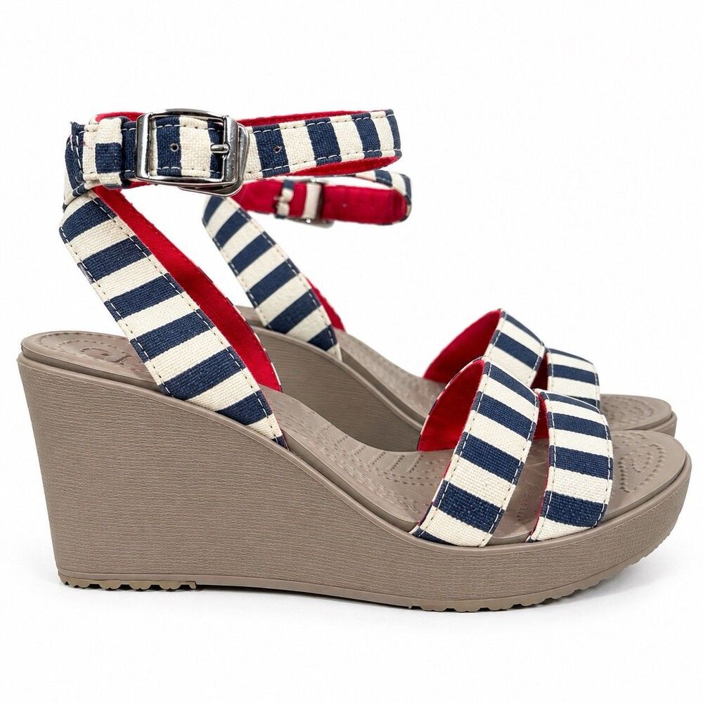 Crocs Leigh Womens 8 Wedge Sandals Navy White Stripe Red Ankle Strap Preppy